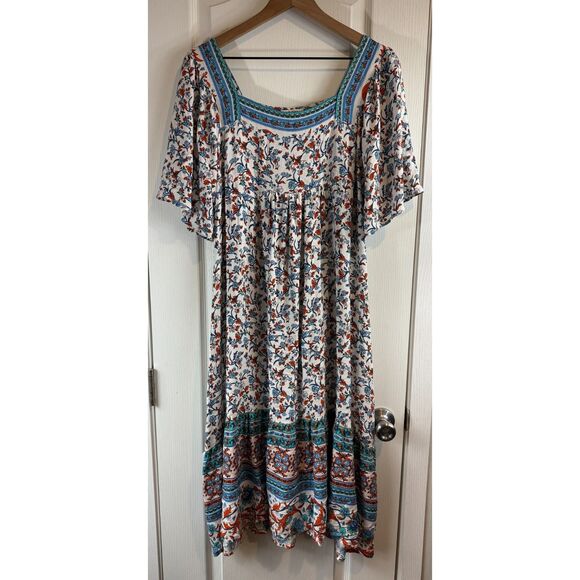 Umgee Women's Boho Floral Square Neck Midi Dress Multicolor Rayon Size S - Picture 1 of 12